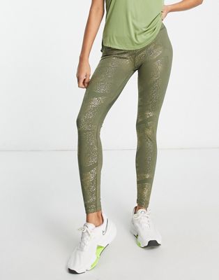Nike Training One Dri-FIT glitter printed mid rise leggings in khaki-Green