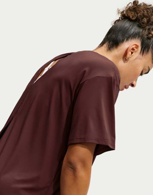 Nike Training One Dri-FIT short sleeve top with bow back in burgundy, 3 of 4