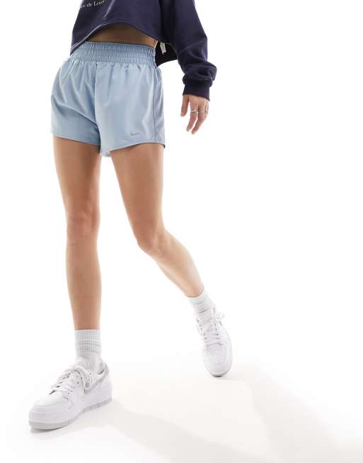 Nike Training One Dri FIT Short van 3 inch met hoge taille en voering met broekje in lichtblauw ASOS