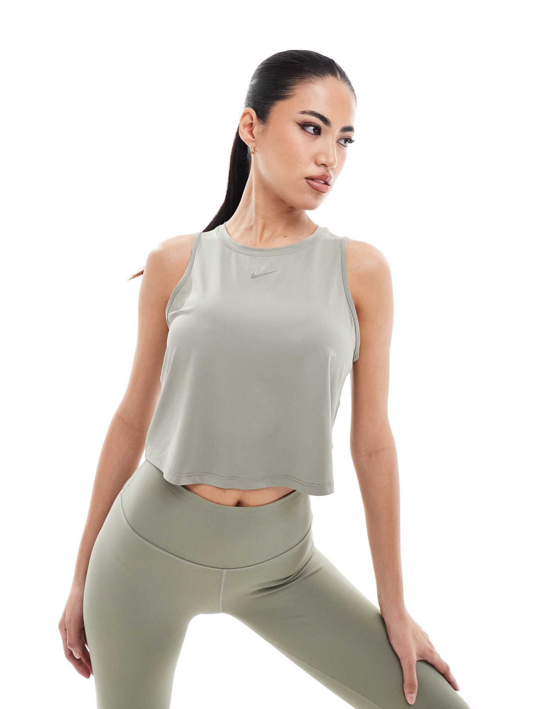 nike training one dri-fit slim crop tank top in khaki