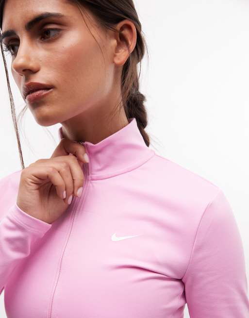 Nike Training One Dri-FIT top aderente a maniche lunghe con zip intera rosa, 3 di 4