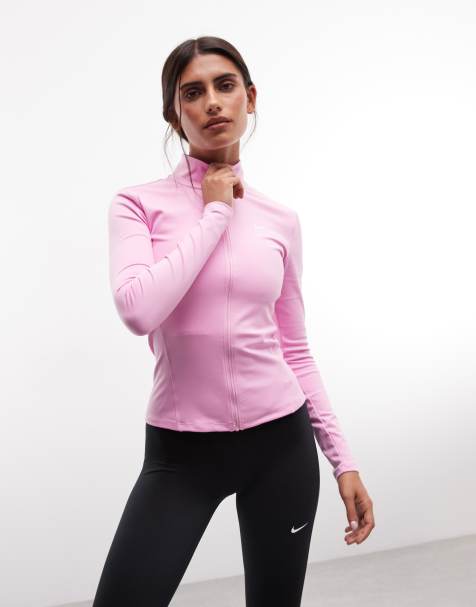Nike Training One Dri-FIT tætsiddende langærmet top med lynlås i fuld længde i pink - view 1
