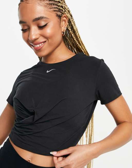 Nike Training – One Luxe – Svart crop top med snurrad knut framtill och korta ärmar, 3 av 4