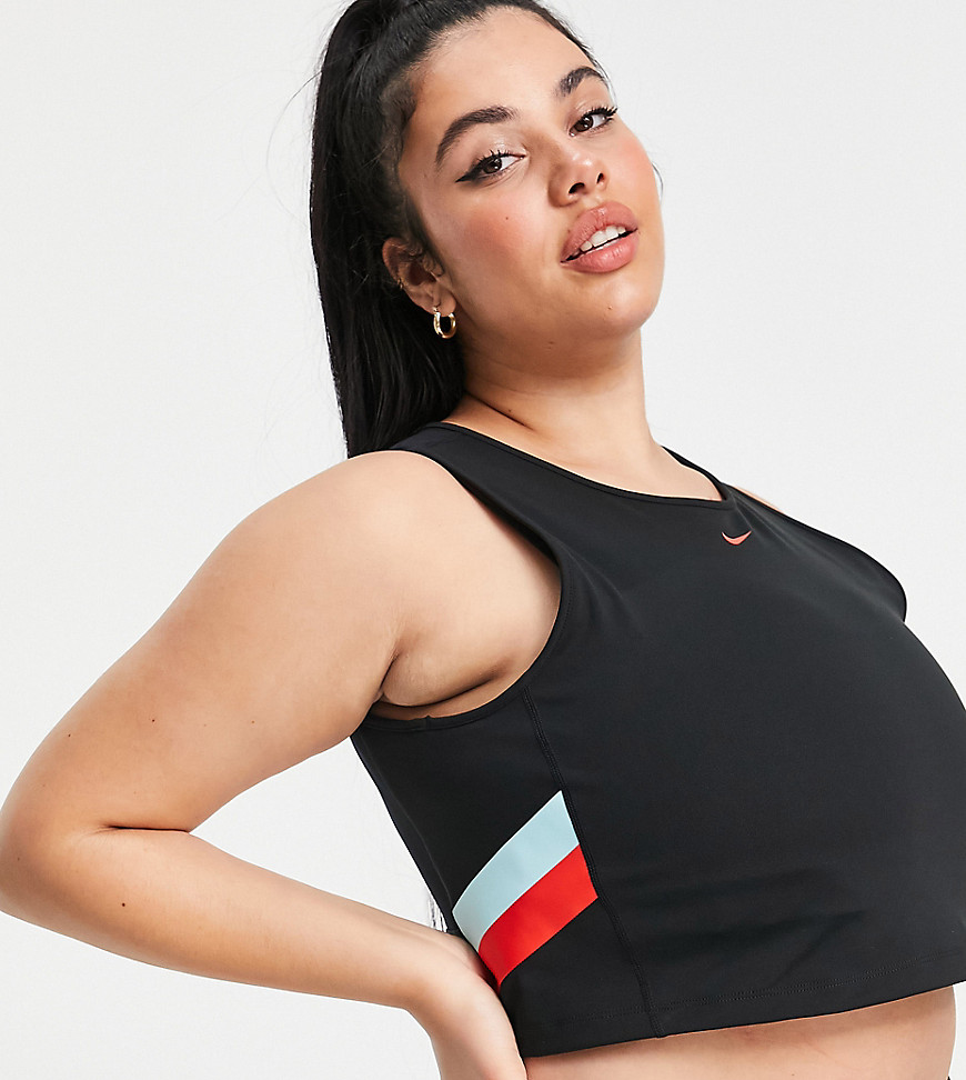 Plus-size top by Nike High neck Racer style for unrestricted movement Nike logo print to chest Colour-block stripe details at side Breathable mesh back panel Cropped length Slim fit Close-fitting cut