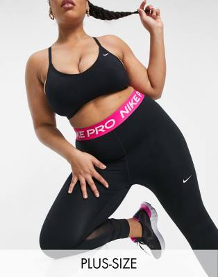 Nike Plus Pro 365 Leggings With Pink Waist Band In Black In Black