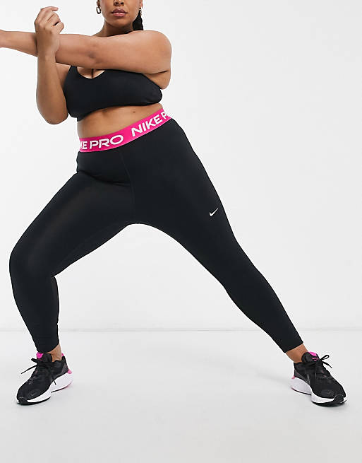 Nike Training Plus Pro 365 leggings with pink waist band in black