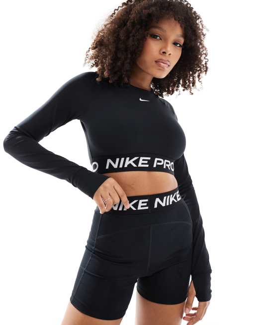 Nike pro training cropped sweatshirt with logo taping in black sale