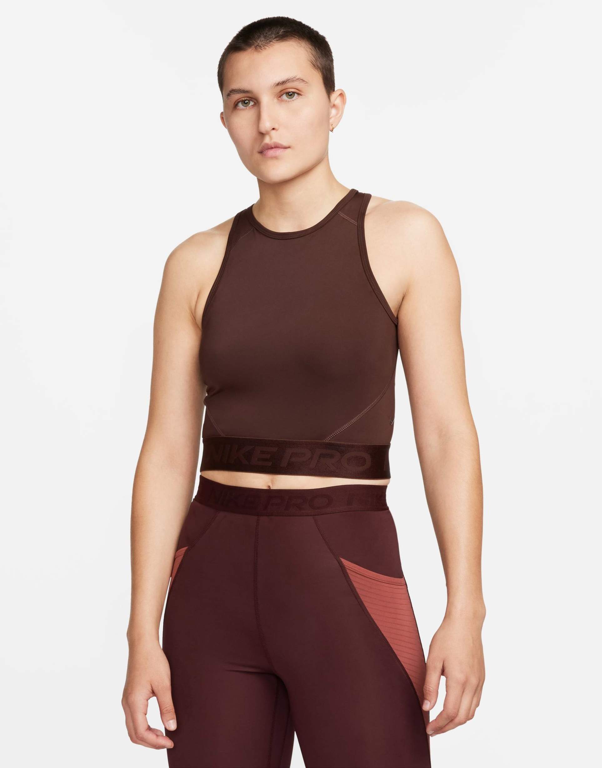 nike training pro crop top in earth brown