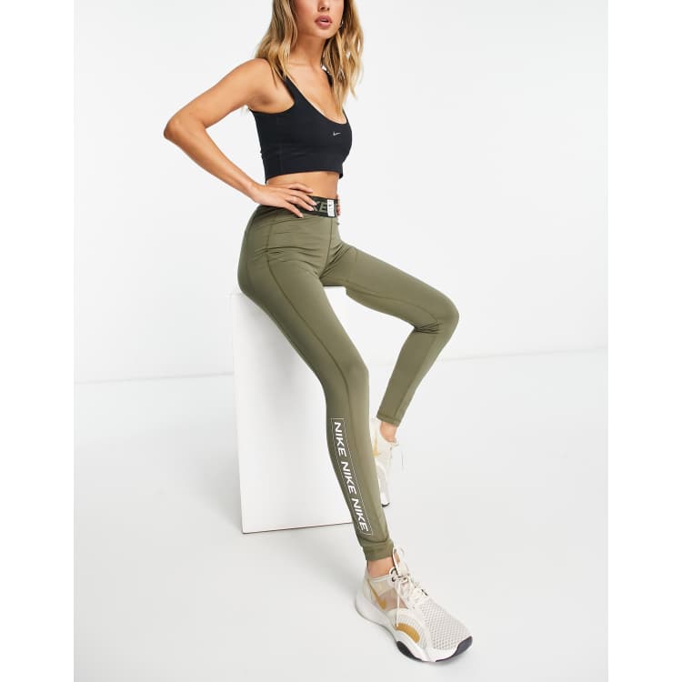 NIKE W NP DF MR TGHT AOP, Military green Women's Leggings