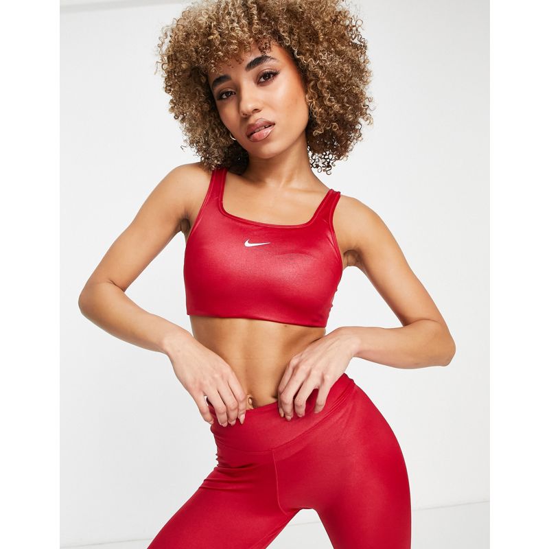Activewear Donna Nike Training - Reggiseno sportivo a sostegno medio in tessuto Dri-FIT rosso lucido con logo Nike