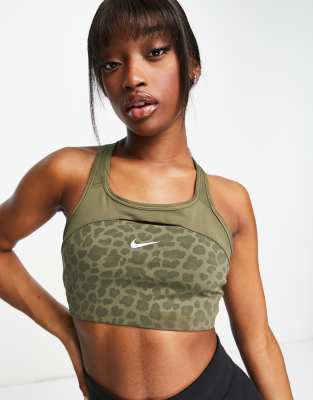 Nike Training Swoosh Dri-FIT leopard print medium print sports bra in khaki