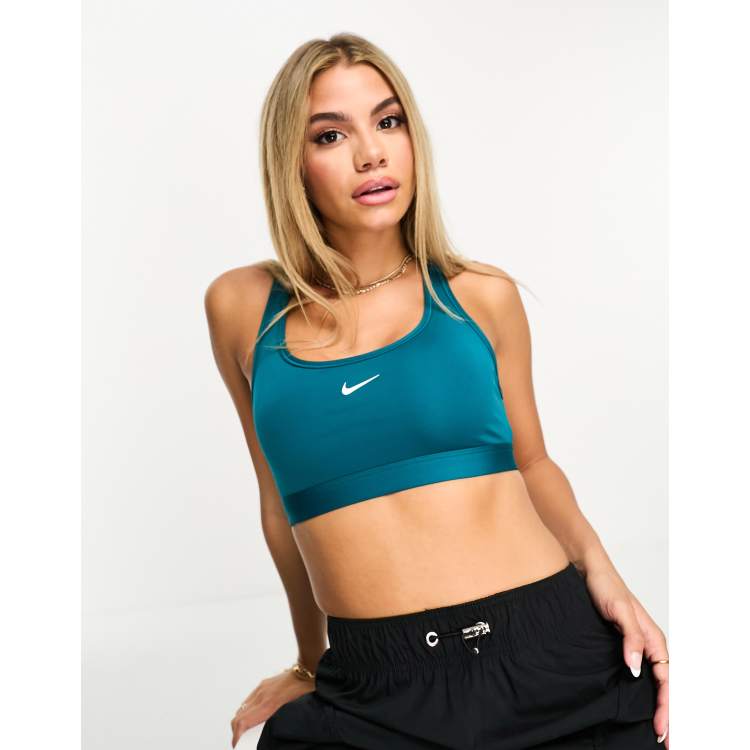 Nike Pro Classic Swoosh Sports Bra (Ghost Green/Industrial Blue) ($30) ❤  liked on Polyvore featuring activewear, sports…