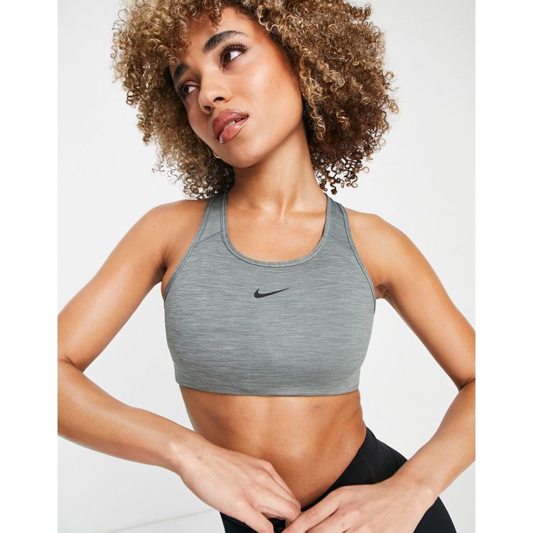 Nike Training One Dri-Fit high shine camo medium support sports bra in grey  - ShopStyle