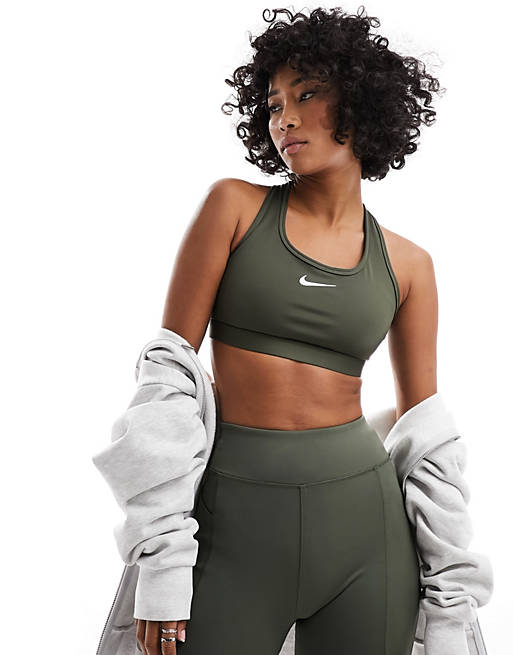 Nike Training Swoosh Dri-Fit medium support sports bra in khaki