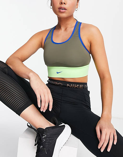  Nike Training Trail Swoosh medium support contrast taping sports bra in khaki 