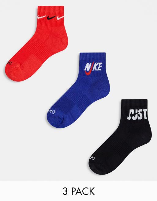 Nike Training unisex cush 3 pack ankle logo socks in blue red and black