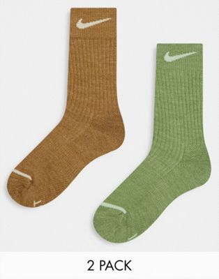 Nike Training unisex cushioned 2 pack of crew socks in green and brown - ASOS Price Checker