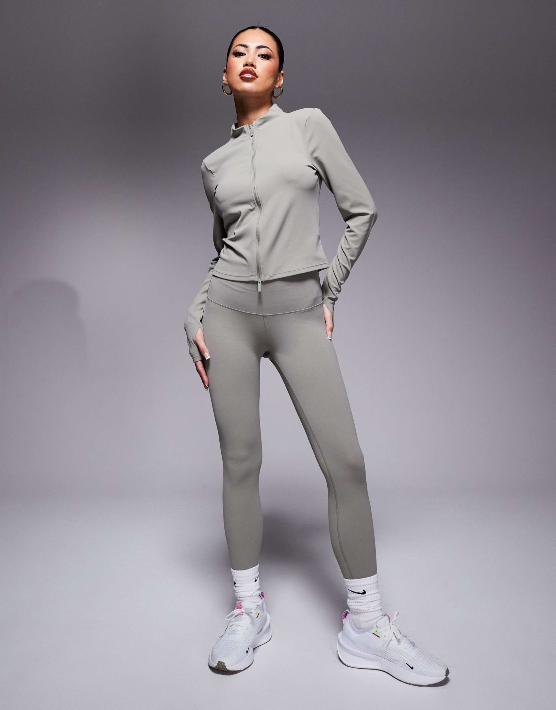 nike training zenvy full zip longsleeve top in khaki