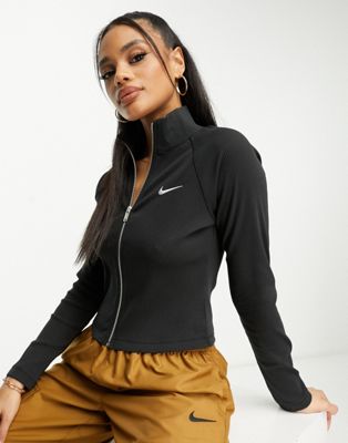 Nike trend ribbed zip up top in black