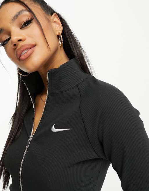 Nike trend ribbed zip up top in black