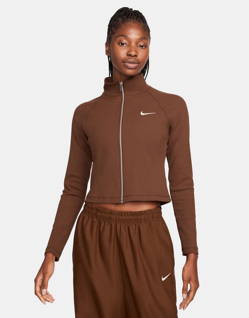 Nike trend ribbed zip up top in cacao brown