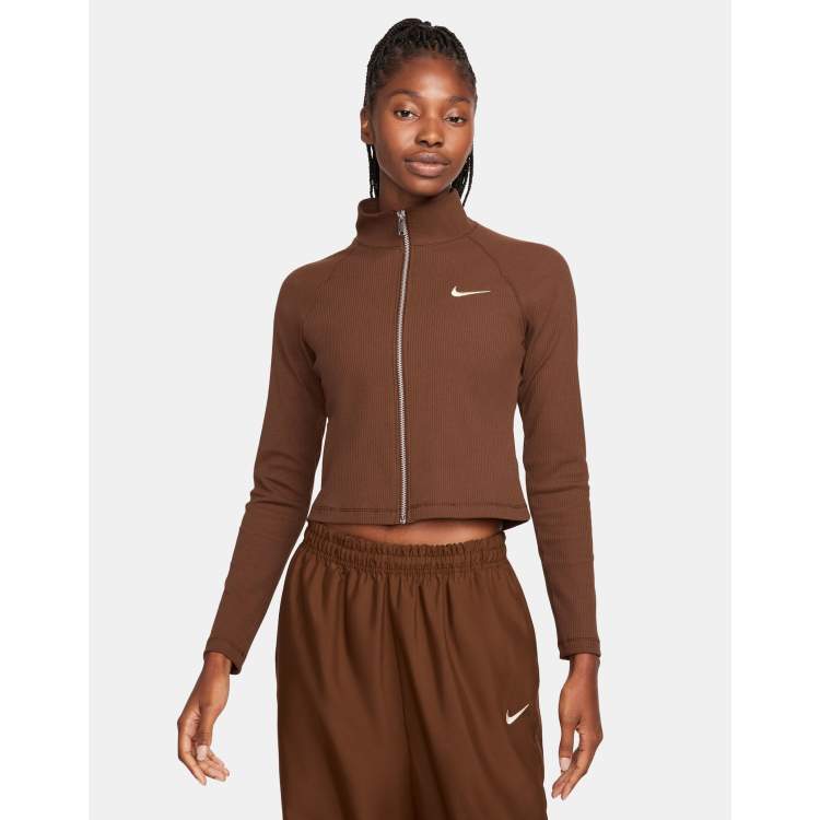 Nike trend ribbed zip up top in cacao brown ASOS