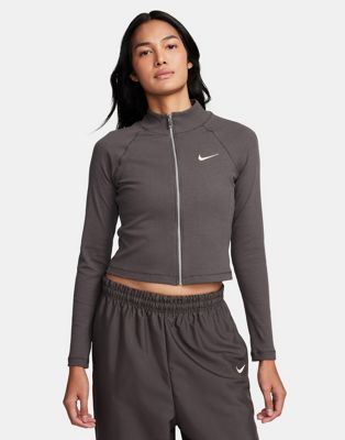Nike trend ribbed zip up top in grey