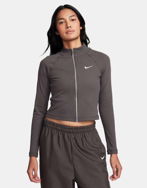 Nike trend ribbed zip up top in grey | ASOS