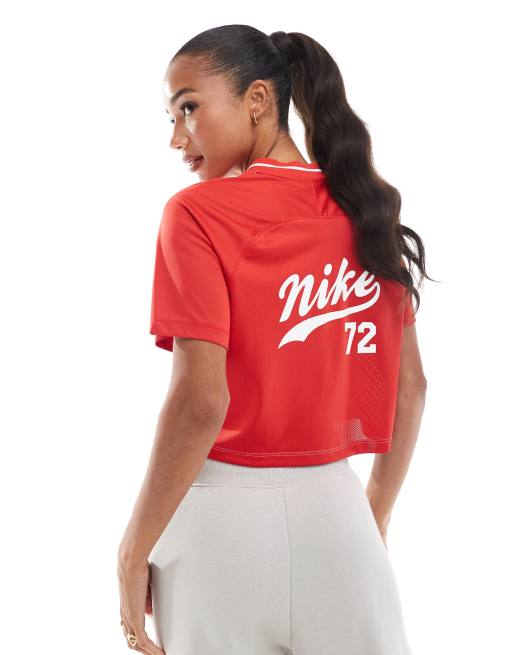 Nike Trend short sleeve crop football shirt in light grey and red