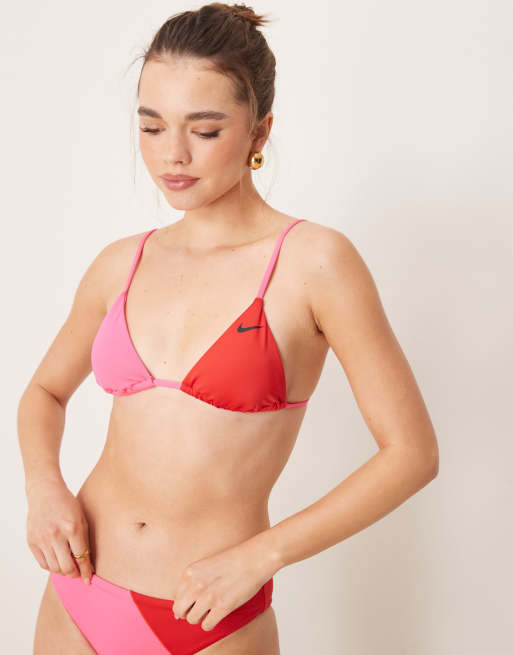 Nike – Triangel-Bikinioberteil mit Blockfarben-Design in Rot und Rosa