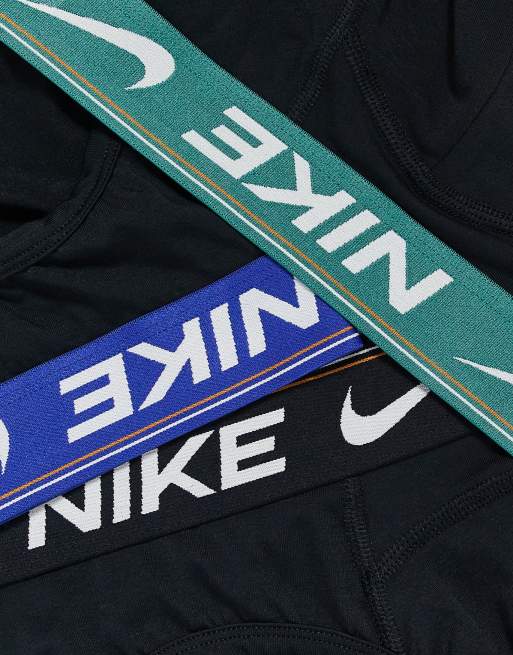 Nike Ultra Comfort 3 pack hip brief in black with coloured waistband in black /blue / green