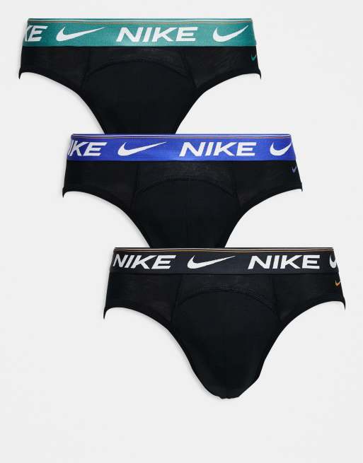 Nike Ultra Comfort 3 pack hip briefs in black with colored waistband in black /blue / green