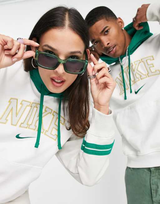 Nike - Uniseks retro hoodie in collegestijl in wit en groen, 3 van 4