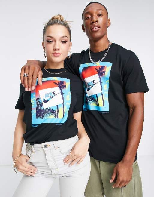 Nike unisex heatwave palm print front graphic t-shirt in black | ASOS