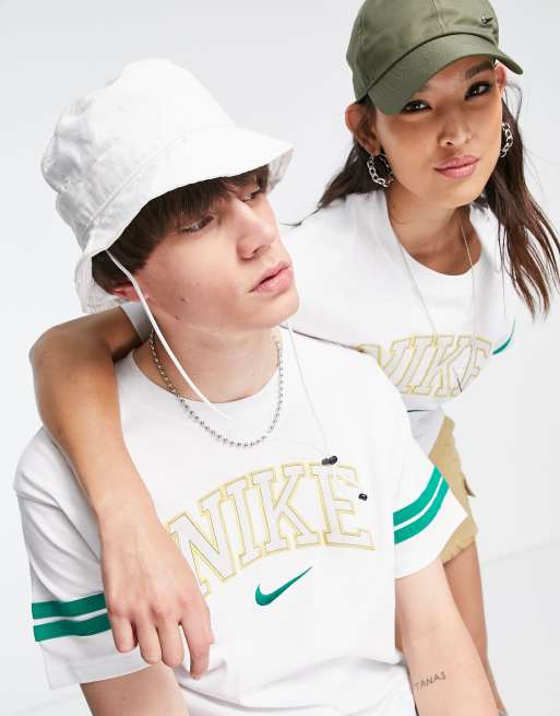 Nike - Unisex - Hvid college-T-shirt med grønne detaljer i retro-stil, 3 af 4