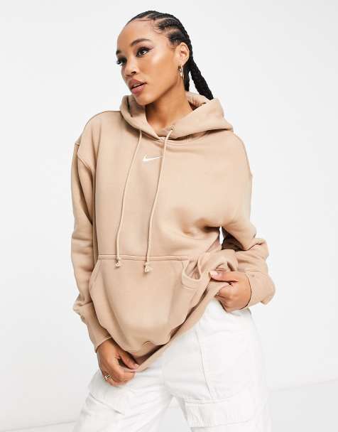 Nike unisex mini swoosh oversized pullover hoodie in hemp brown - view 1