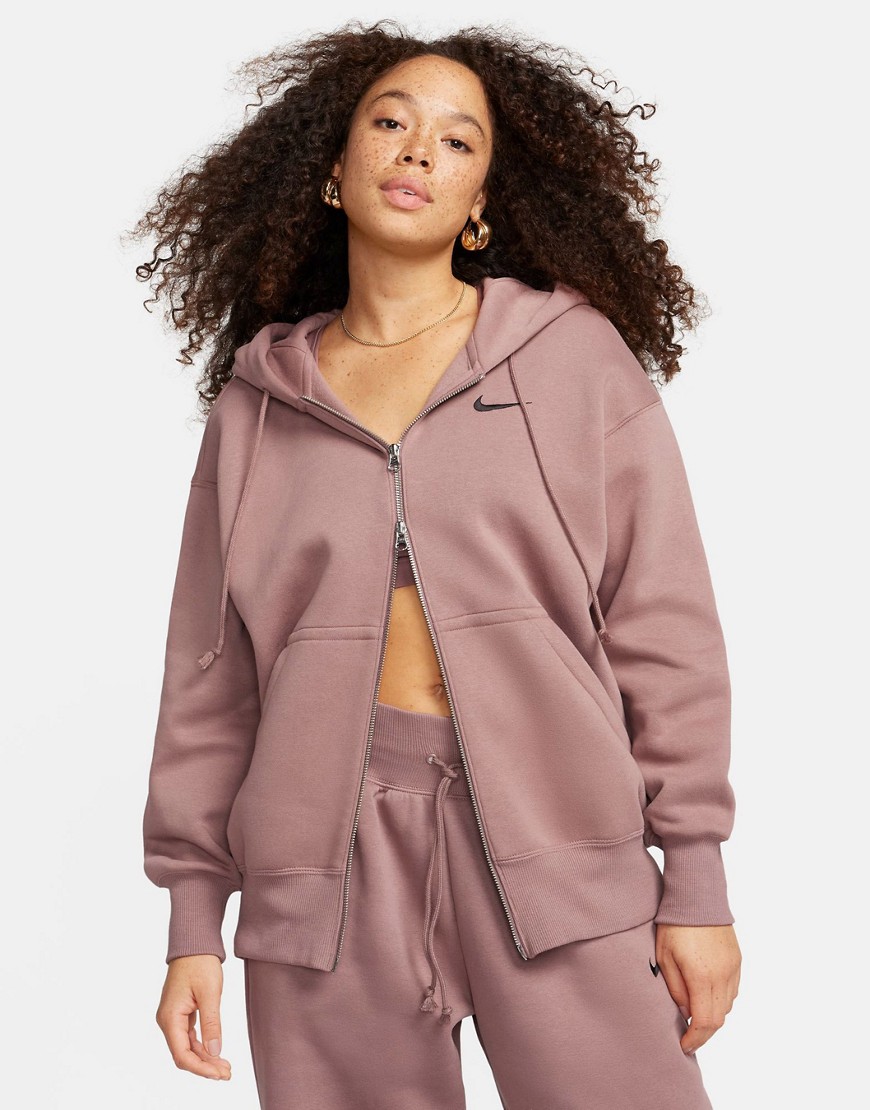Nike unisex mini swoosh zip through fleece hoodie in smokey mauve-Neutral