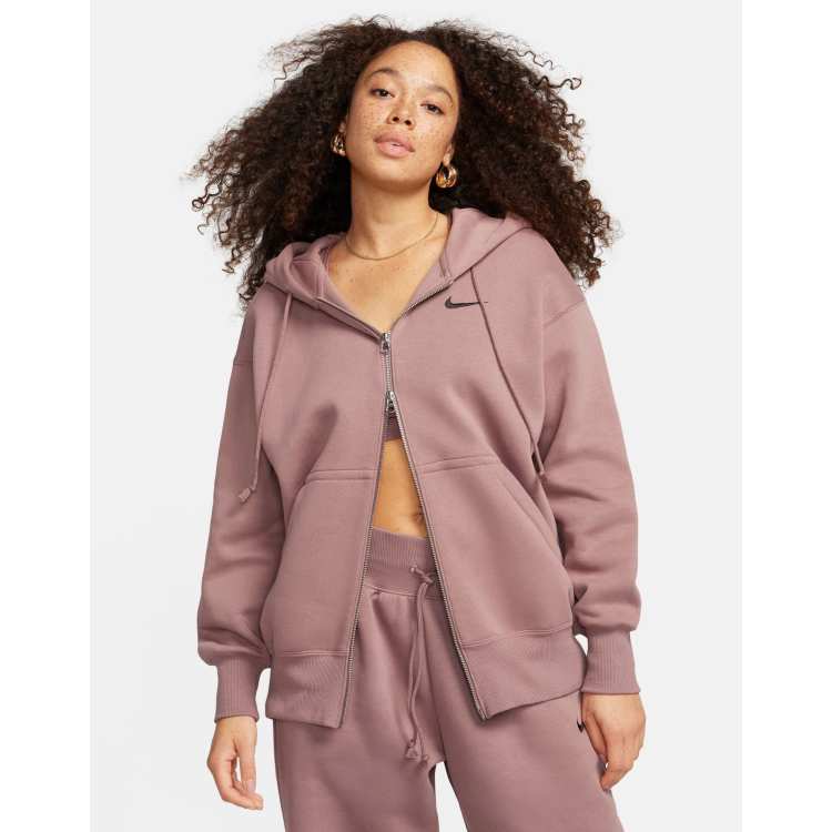 Nike unisex mini swoosh zip through fleece hoodie in smokey mauve