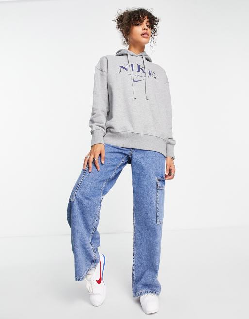 Nike - Unisex Retro Athletics - Felpa con cappuccio in pile grigio mélange e blu navy, 3 di 4