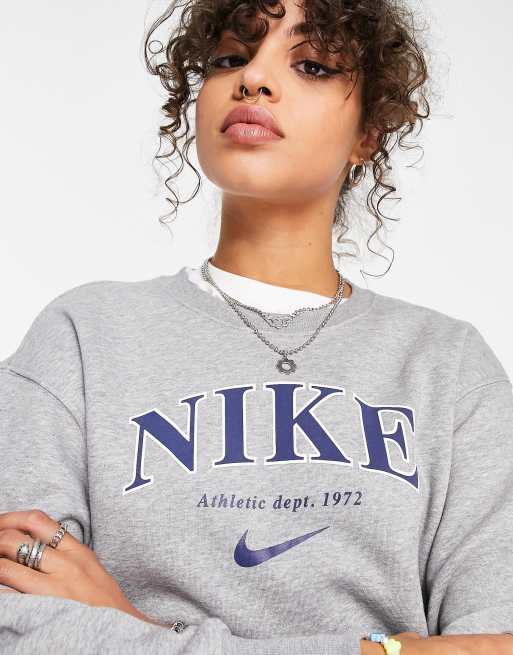 Nike Unisex retro athletics fleece crew sweatshirt in grey heather and navy