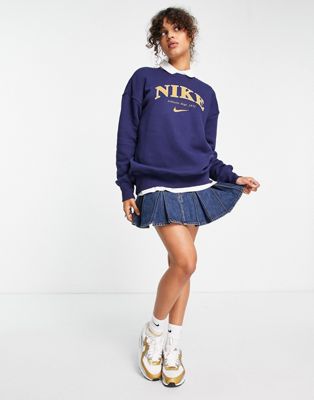 Nike Unisex retro athletics fleece crew sweatshirt in midnight navy and gold
