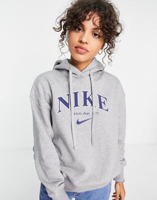 Nike Unisex retro athletics fleece hoodie in grey heather and navy