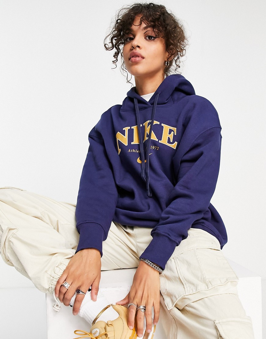 Nike Unisex retro athletics fleece hoodie in midnight navy and gold