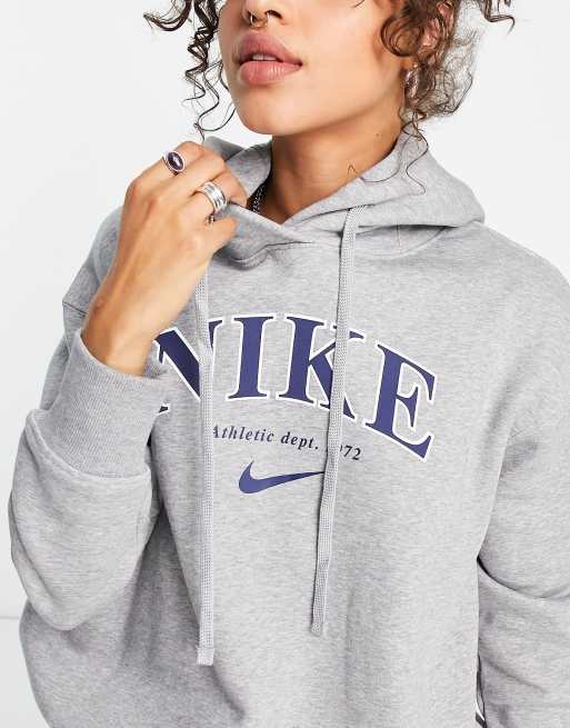 Nike – Unisex – Retro Athletics – Gråmelerade och marinblå huvtröja i fleece, 4 av 4