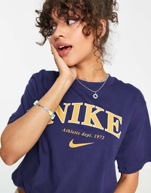 Nike Unisex retro athletics t shirt in midnight navy and gold ASOS