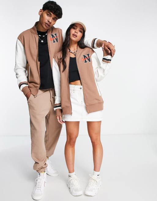 Nike unisex retro collegiate varsity jacket in archaeo brown | ASOS