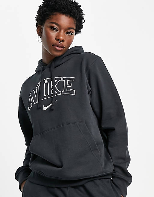 Nike Unisex Vintage logo fleece oversized hoodie in washed black