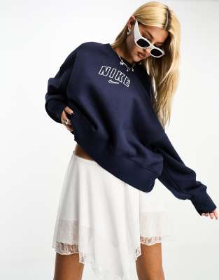 Nike varsity oversized crop sweatshirt in obsidian navy