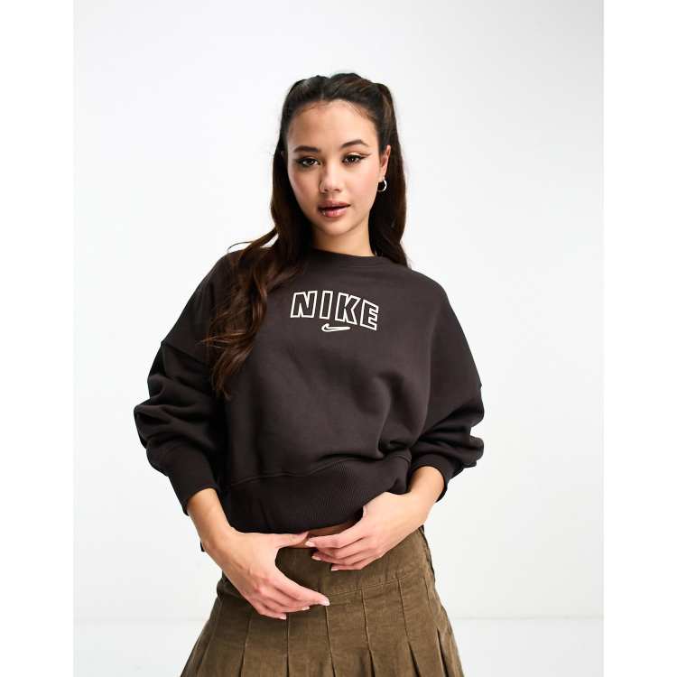 Nike varsity oversized crop sweatshirt in velvet brown