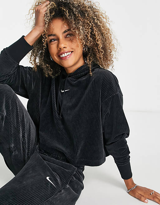 Nike velour cord pullover hoodie in black | ASOS